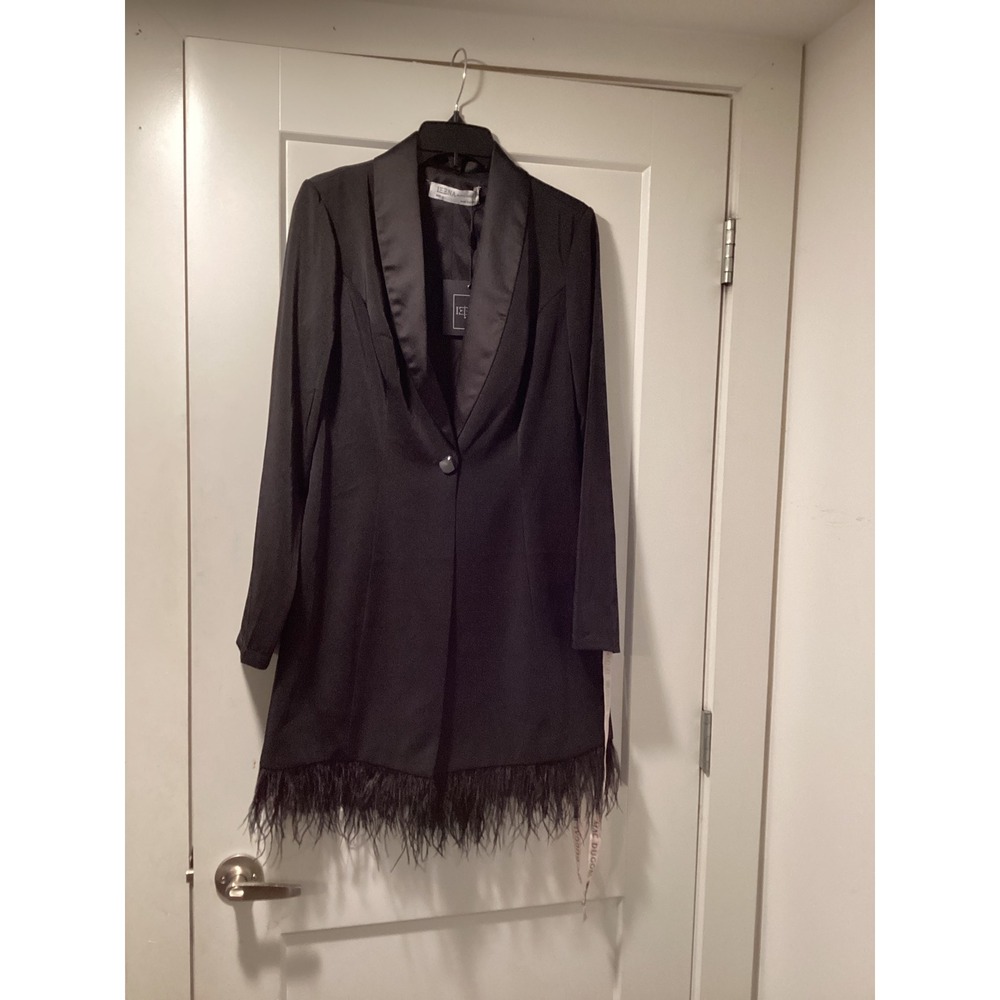 Ieena for Mac Duggal Black Tuxedo Blazer Dress Feather Trim Satin Lapel Size 2